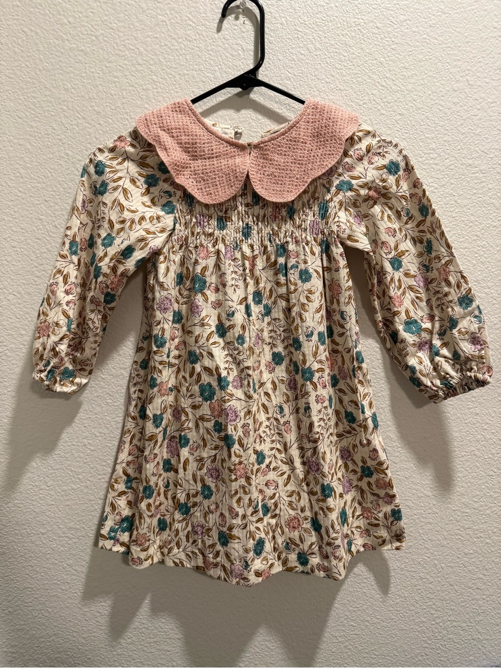 Zara Girls 5-6Y Cream Floral Blouse Long Sleeve Dress with Pink Peter Pan Collar